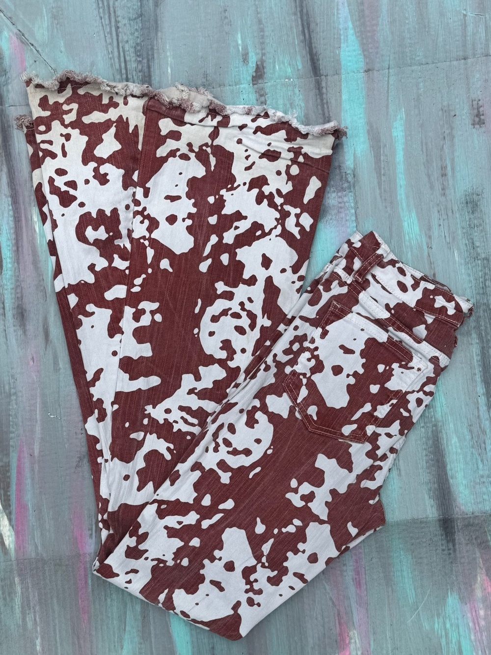Unique Cow-Print Flared Bottoms in Brown and White by Saints & Hearts Sz Small